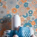 Vintage blomstertapet blå orange - blomstertapet i retrostil - Ikke-vævet tapet