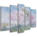5 stykke lærredstryk, et blomstrende træ på engen