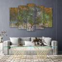 5 stykke lærredstryk, et blomstrende træ i rustengen
