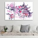 3 stykke lærredstryk, Pagoda Cherry Tree Japan Painted
