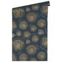 Versace tapet i blå og beige luksus non-woven tapet med medusa hoved design tapet