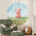 Vinilo decorativo tailandés - Cerdito feliz en el prado de verano - Redondo