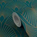 Livingwalls Fleecetapet, New Walls 50'er glam Art Deco Tapet Blå, Grøn, Metallic