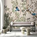 Asiatisk fugletapet på grene - beige non-woven tapet med naturmotiver