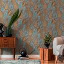 Papel pintado no tejido en diseño floral azul amarillo - papel pintado gráfico con hojas