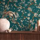 Blossom branch tapet mørkegrøn guld hvid - asiatisk blomstermotiv - Ikke-vævet tapet