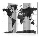 Screen room divider - Sort og hvidt verdenskort , 5-delt - 225x172 cm