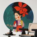 Vinilo decorativo Mujer con flores rojas y vestido estampado - Hülya - Redondo
