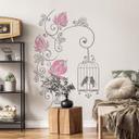 Sticker mural - Couronne de fleurs et cage à oiseaux (bicolore)