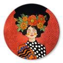 Glasbillede - Smilende kvinde med orange blomster - Hülya - Rund
