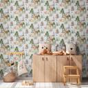 Skovdyr tapet akvarel look grøn beige - børnehave tapet dyr