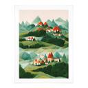 Póster infantil Treechild - Pequeño pueblo en medio de verdes colinas