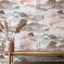 Papel pintado no tejido paisaje gráfico naturaleza mate en azul rojo