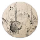 Cuadro de madera Kvilis - Amigos animales en el bosque blanco y negro - Redondo
