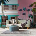 Miami Retro Colourful - ikke-vævet tapet med palmer og huse til stue og kontor