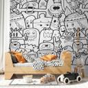 Tegneserietapet med sjove figurer sort hvid - non-woven tapet cartoon design - tapet