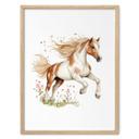 Póster Caballo al galope en el prado de flores | Arte animal para niños