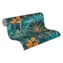grafisk jungletapet blå orange - non-woven tapet palmeblade