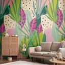 Fototapet med tropisk motiv farverigt grønt rosa - jungletapet moderne med blade - Ikke-vævet tapet
