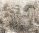 Fototapete in gezeichneter Wald beige, grün, braun Floral