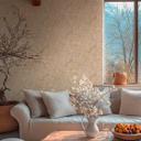 Blossom branch tapet beige hvid orange - Ikke-vævet tapet med kirsebærblomster 