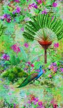 Blomster og påfugle tapet Fototapet grøn, pink, steneffekt 2,70 x 1,59 m