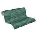 jungle tapet grøn guld med metallisk effekt - non-woven tapet palmeblade