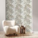 Papel pintado no tejido en blanco beige árboles hojas selva naturaleza floral 