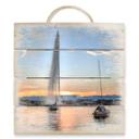 Cuadro de madera fuente de agua en la puesta de sol de Ginebra - 40x41,5 cm