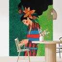 Fotobehang Portret - Vrouw in gestreepte jurk met oranje bloemen - Hülya