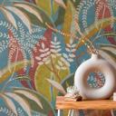 Papel pintado tropical petróleo y rojo óxido - Papel pintado no tejido en estilo jungla retro