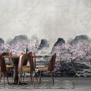 Fototapet Kirsebærblomster i tågen med bjerge i grå og sartrosa toner 2,7 x 2,12 m