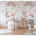 foto tapet Designwalls i hvid og pink non-woven tapet Tropical Vibes flamingo fugle