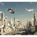Papier peint photo Approche d'atterrissage 3D Ville de science-fiction