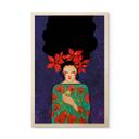 Cuadro de madera mujer con corona de flores rojas y pájaro - Hülya