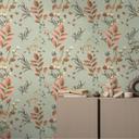 Blomstret tapet med blade grøn terracotta - naturmotiv med ranker - Ikke-vævet tapet