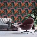Papel pintado selva en estilo gráfico negro colorido - papel pintado no tejido hojas de palmera