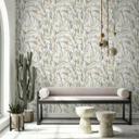 Papel pintado no tejido hojas naturaleza floral mate en blanco gris beige