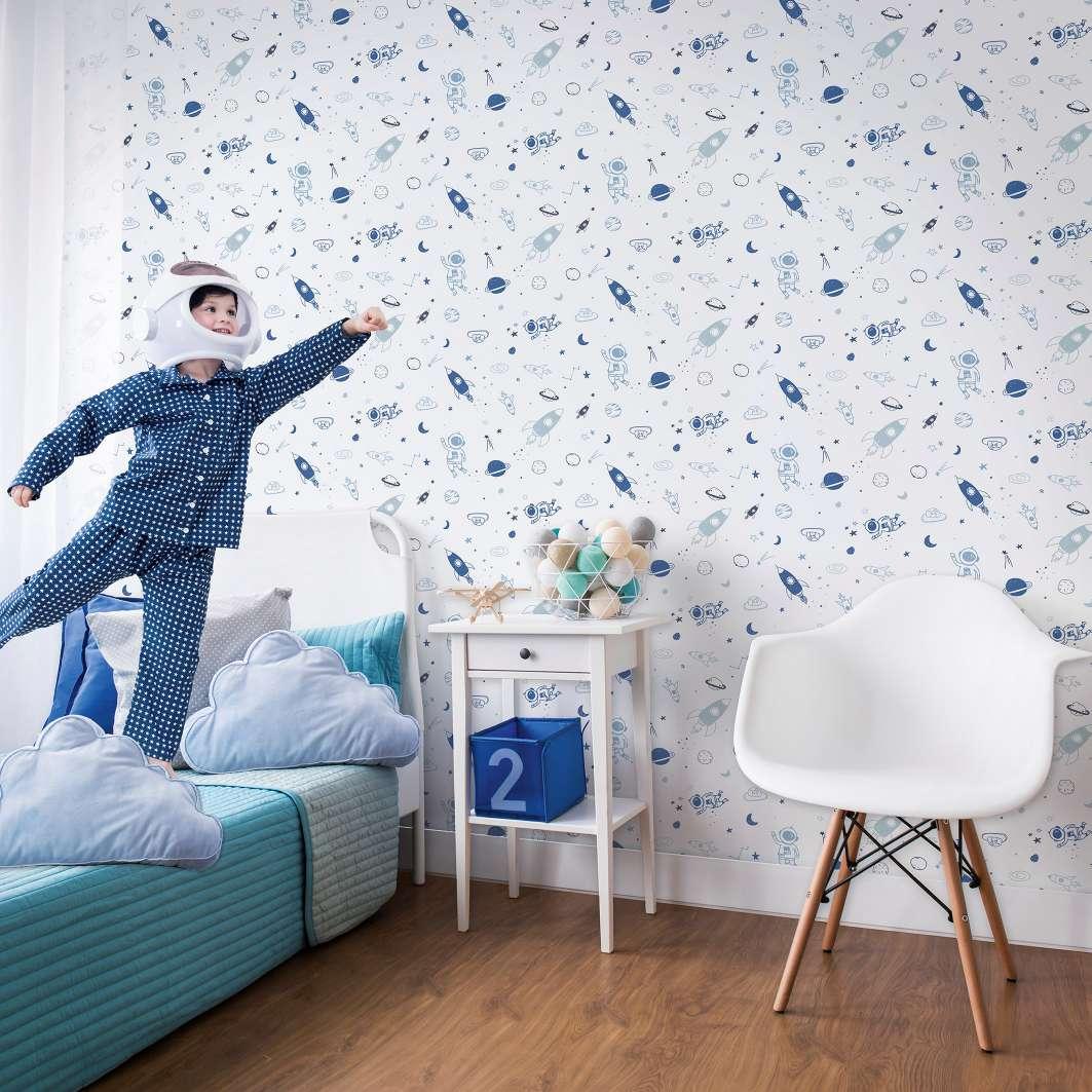 Børnetapet, non-woven tapet med illustration Kids Walls hvid, blå