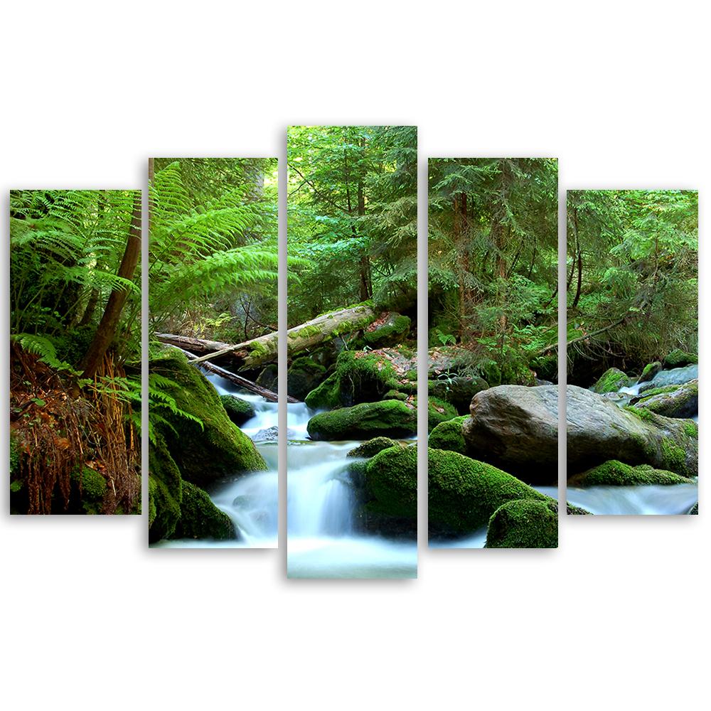 5 stykke lærred Print Forest Rocks Vandfald
