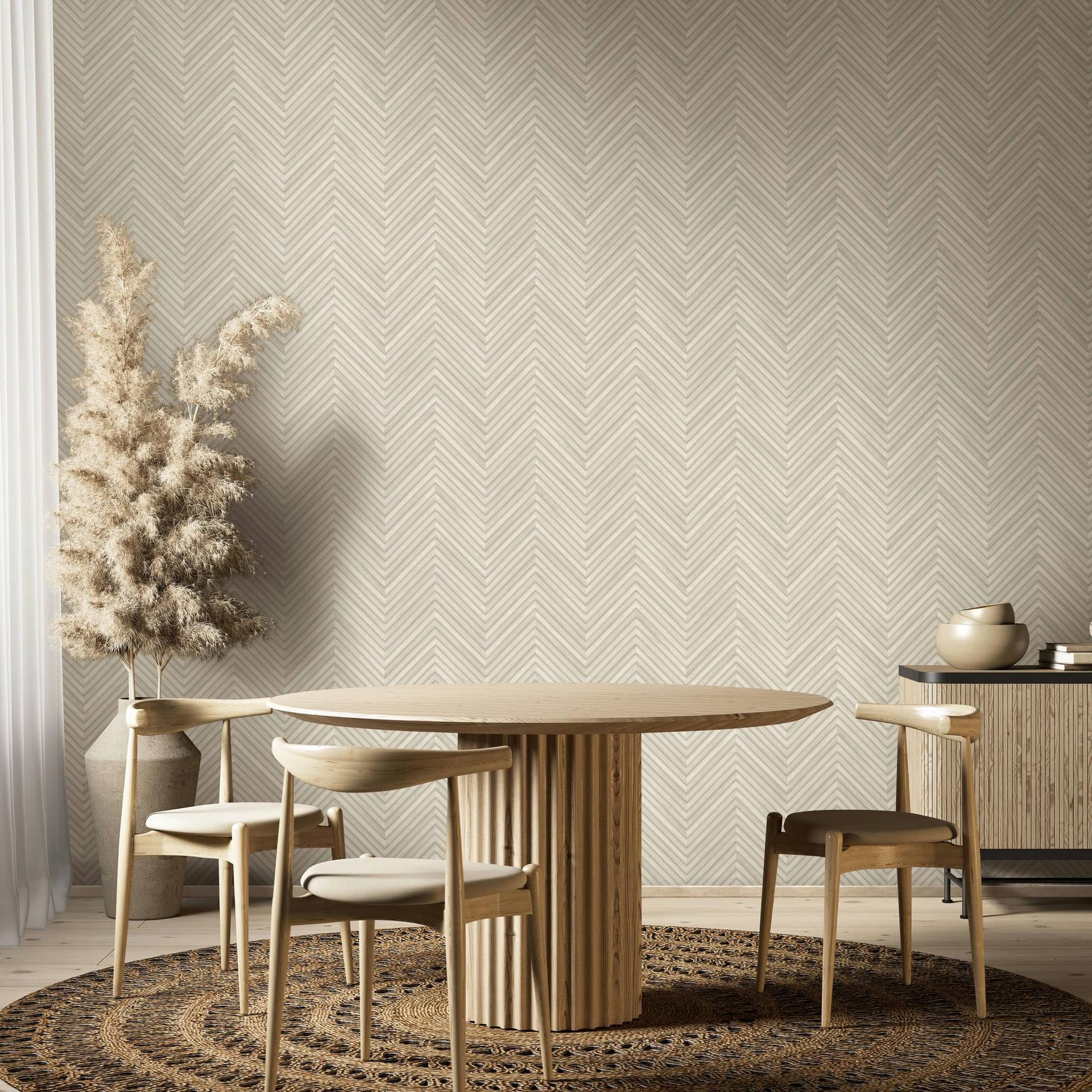 Vliesbehang met visgraatmotief en houtlook beige houtlook