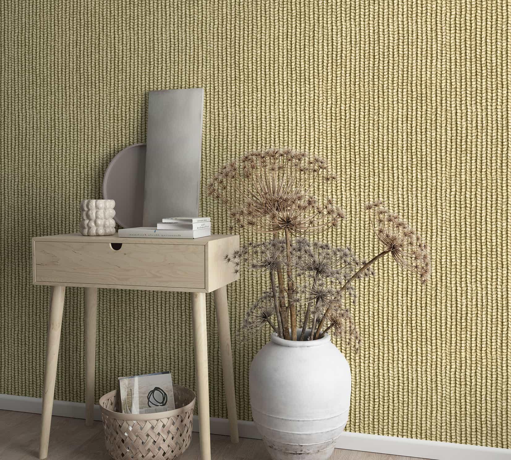 vliesbehang met kurkvlecht look beige, bruine textiellook