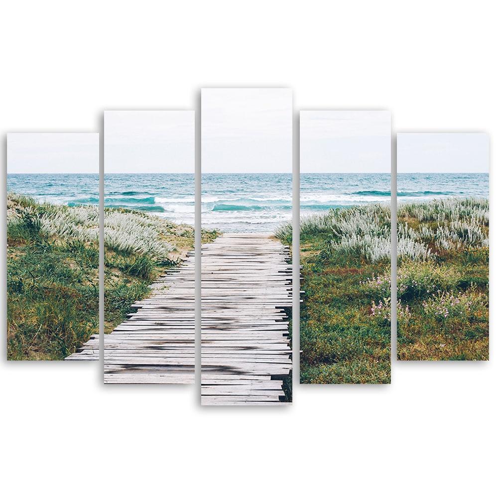 5 stykke lærredstryk, strand havstilandskab