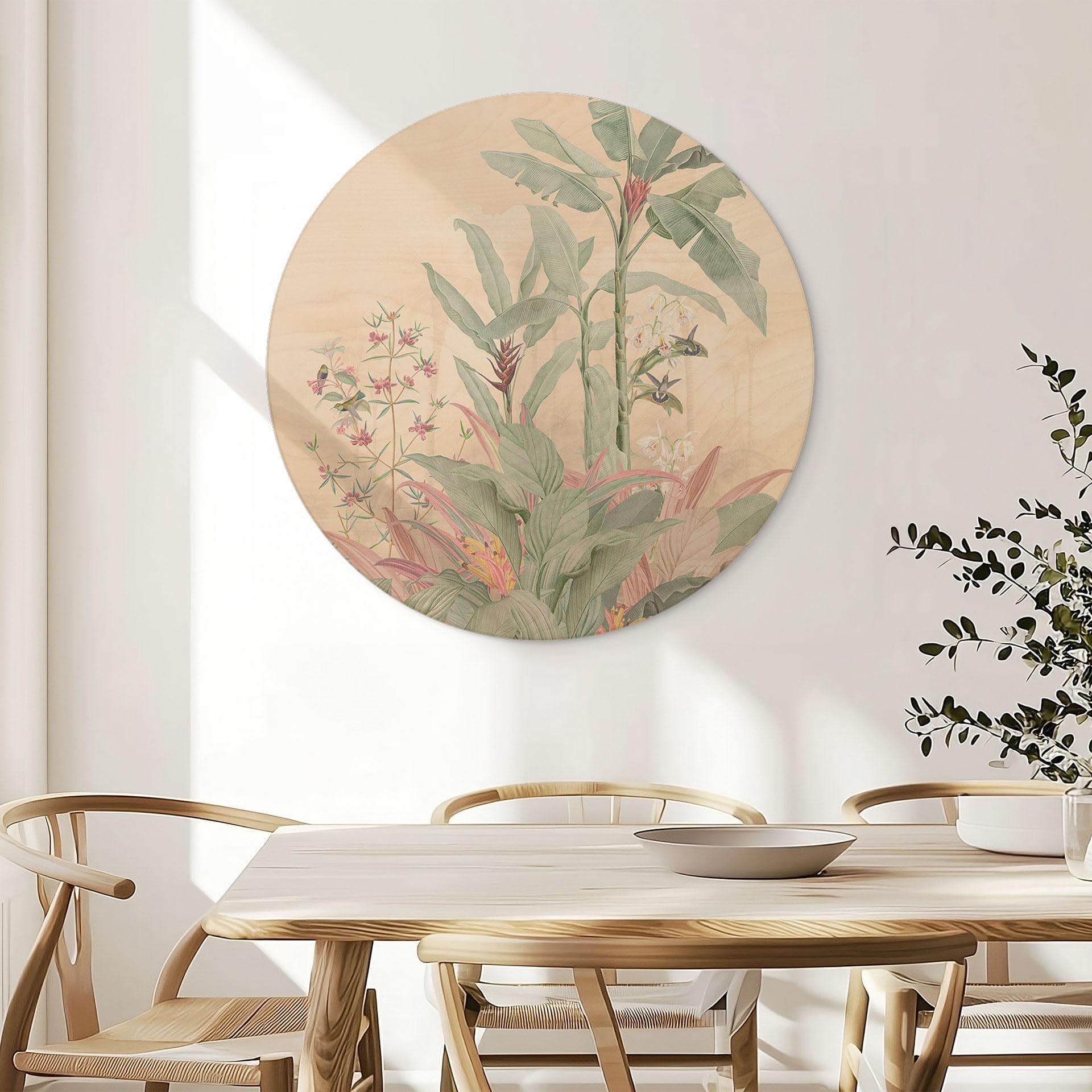 Billede af træ Tropisk idyl med kolibri abrikos - blomsterdekoration - rund