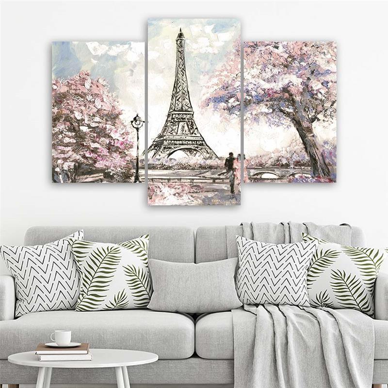 3-delige canvasprint, Eiffeltoren Parijs roze geschilderd