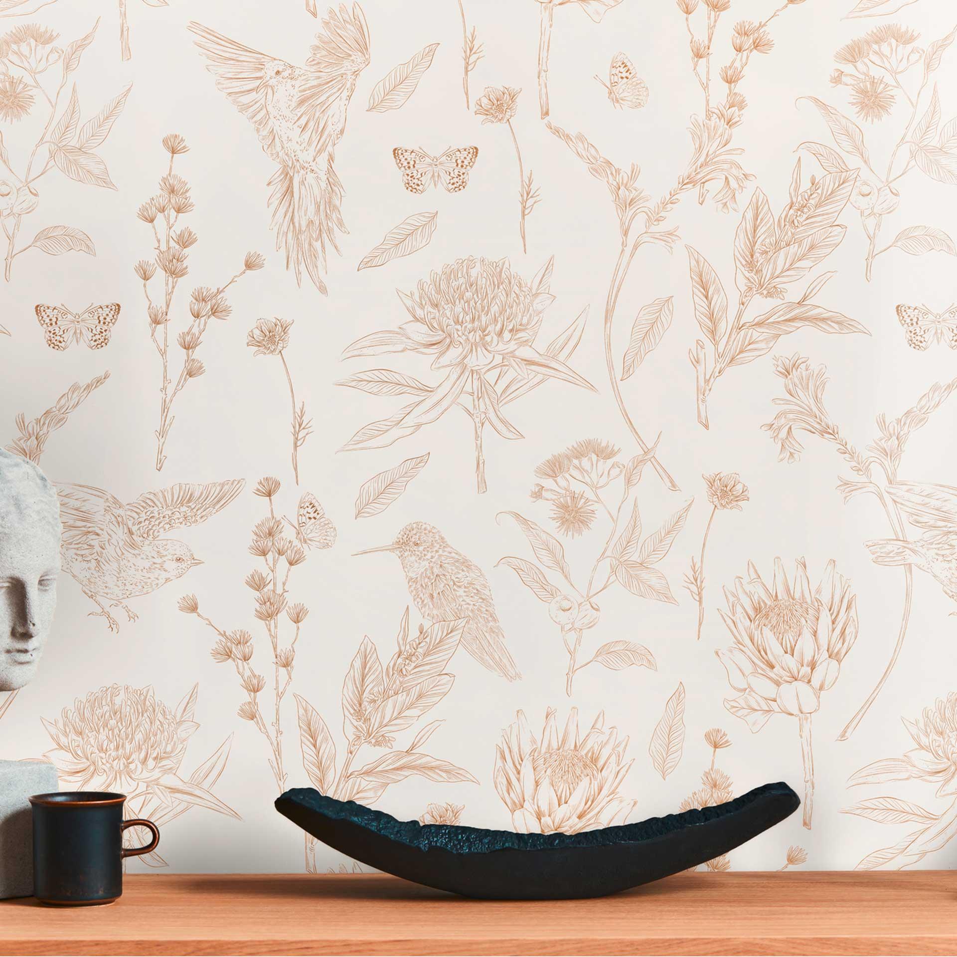 non-woven tapet med blomster og fugle hvid brun - tapet blomstermotiver i karakterstil