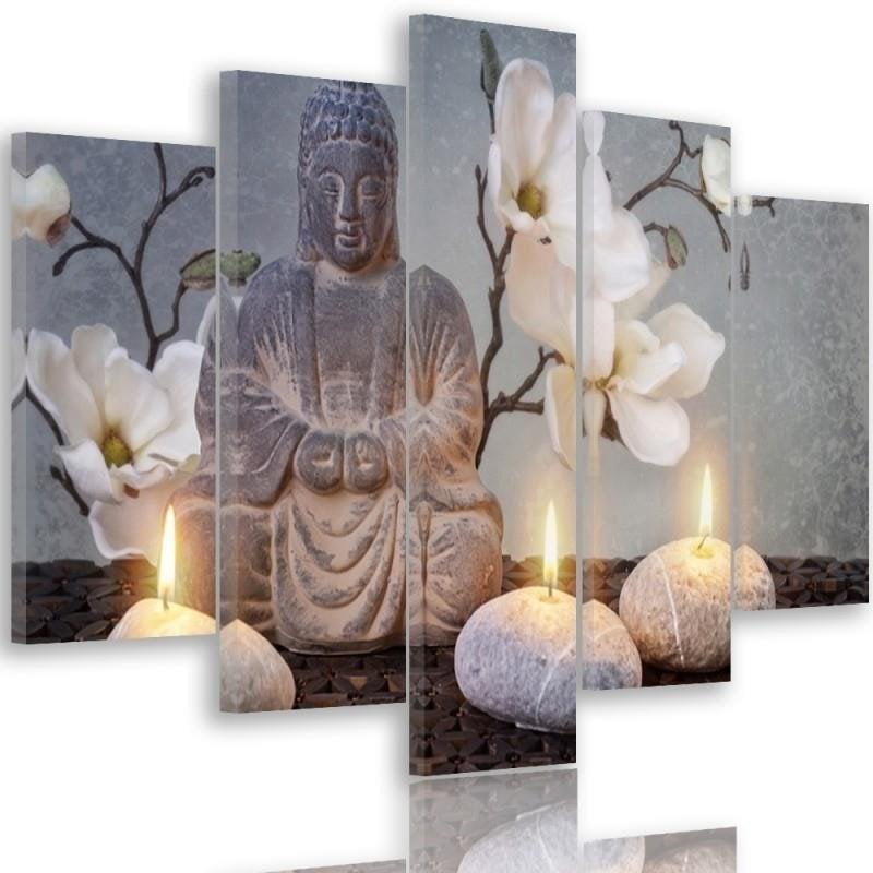 5 stykke lærredsprint, Buddha Zen Stones blomster