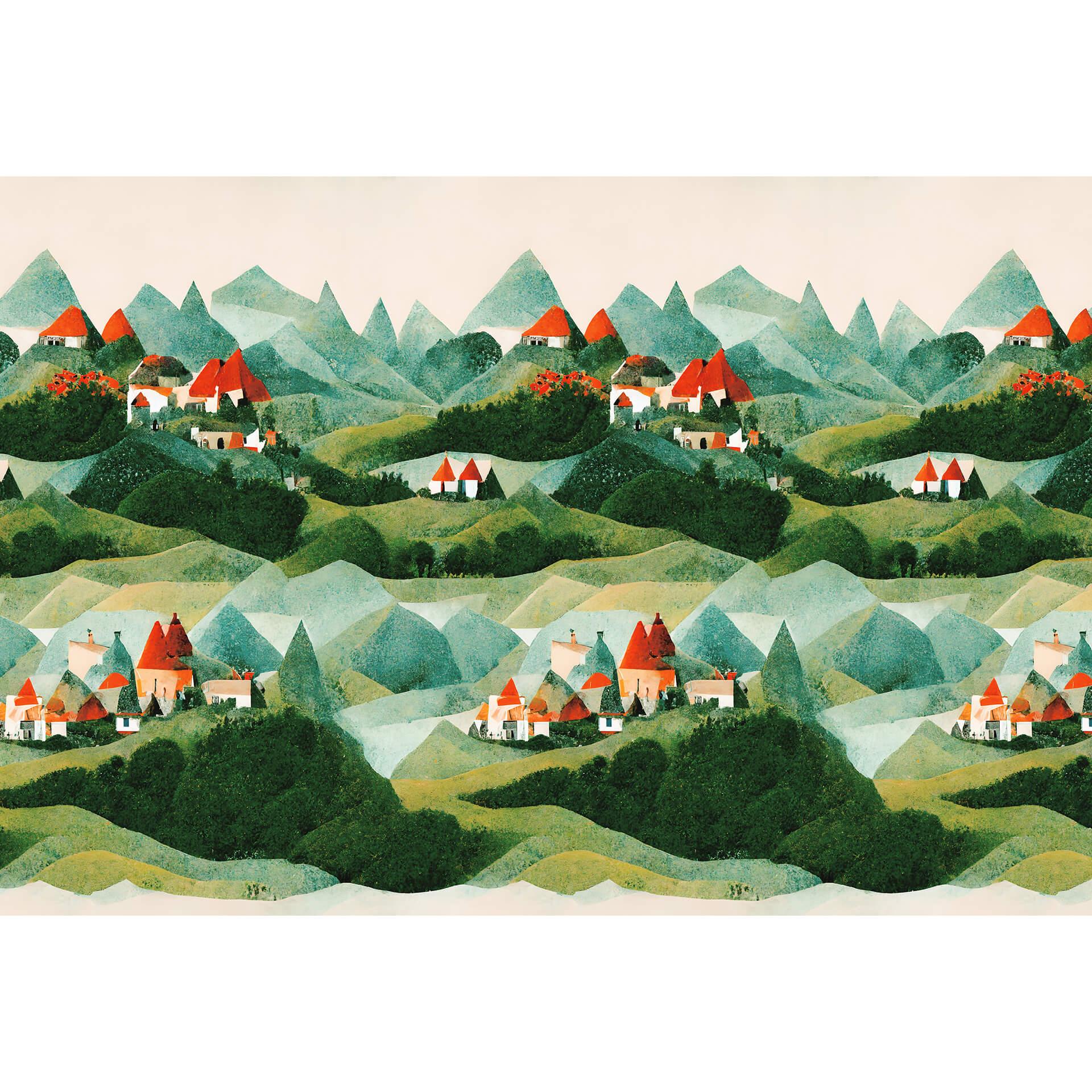 Fotobehang Treechild - Small village in the middle of green hills