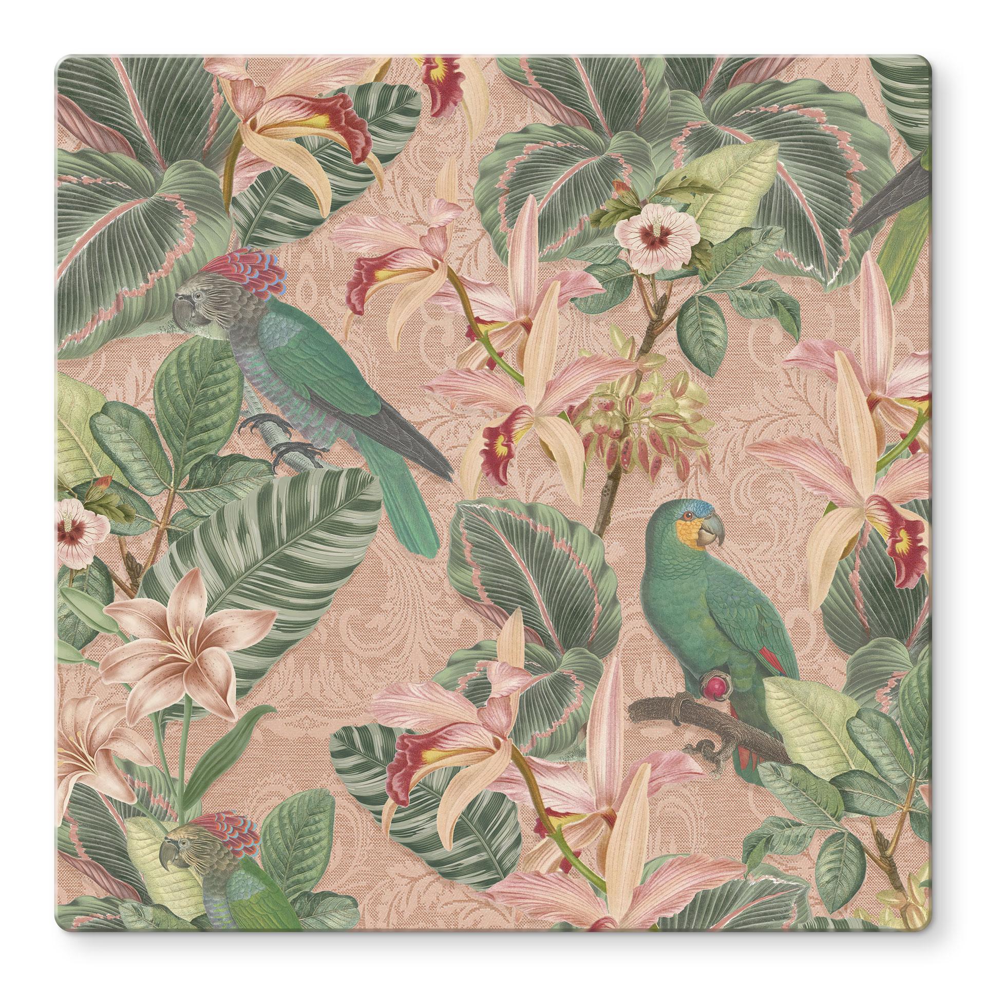 Glasbillede - Jungle med papegøjer Pink - Bloomery Decor - Square