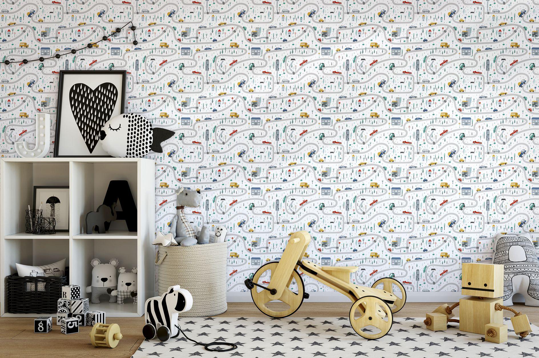 Kinderbehang, vliesbehang met illustratie Kids Walls wit, kleurrijk
